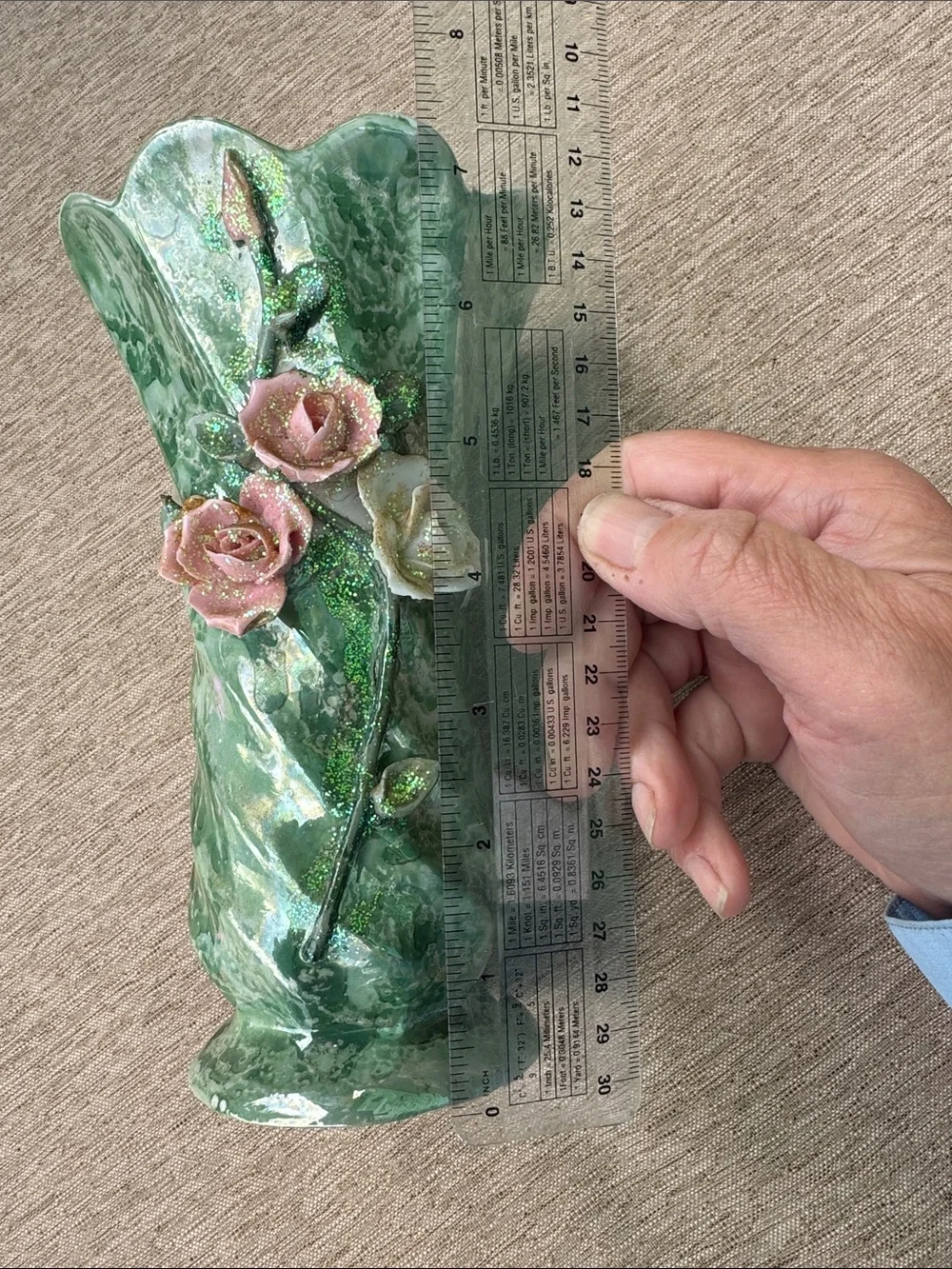 VTG Green Ceramic Floral Vase with Pink Rose applied Accents & glitter effects